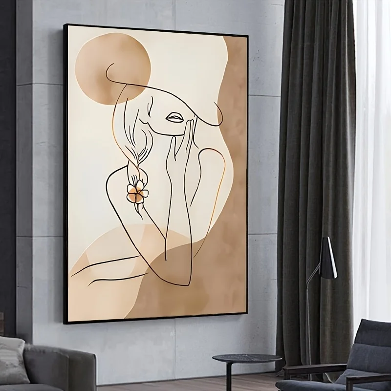 Modern Abstract Canvas Art Print Posters- Minimalist Female Portrait with Floral Accents, Beige & Brown Tones, Frameless Wall ar