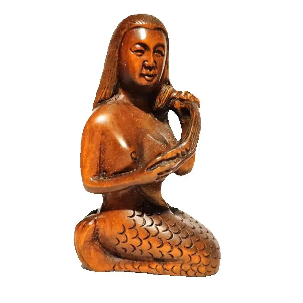Y57, 2 INCH Japanse Buxus Handgesneden Netsuke Sculptuur Miniatuur: Prachtig Zeemeerminmeisje