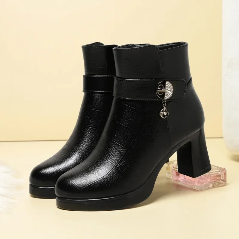 7cm Elegant Block High Heels Boots with Fur Fall Winter 2024 Women's Black Soft Leather Shoes Warm Short Ankle Boots Office Mom