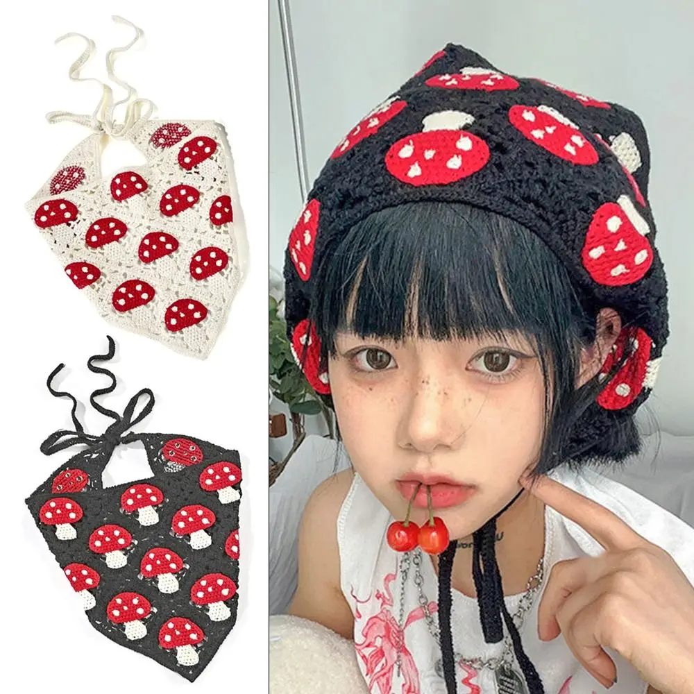 Cute Mushroom Shape Knit Hairband Crochet Cotton Hollow Triangle Bandana Scarf Sweet Cute Headband Turban Headwear Fashion