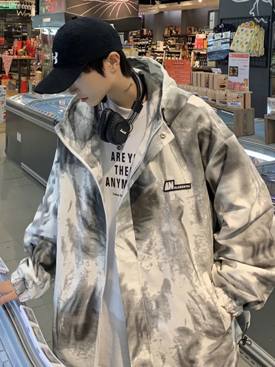 

Men's Spring Autumn Oversize Hoodie Dyeing Jaet American Retro Sle Windproof Zipper Closure Casual Outerwear Coat