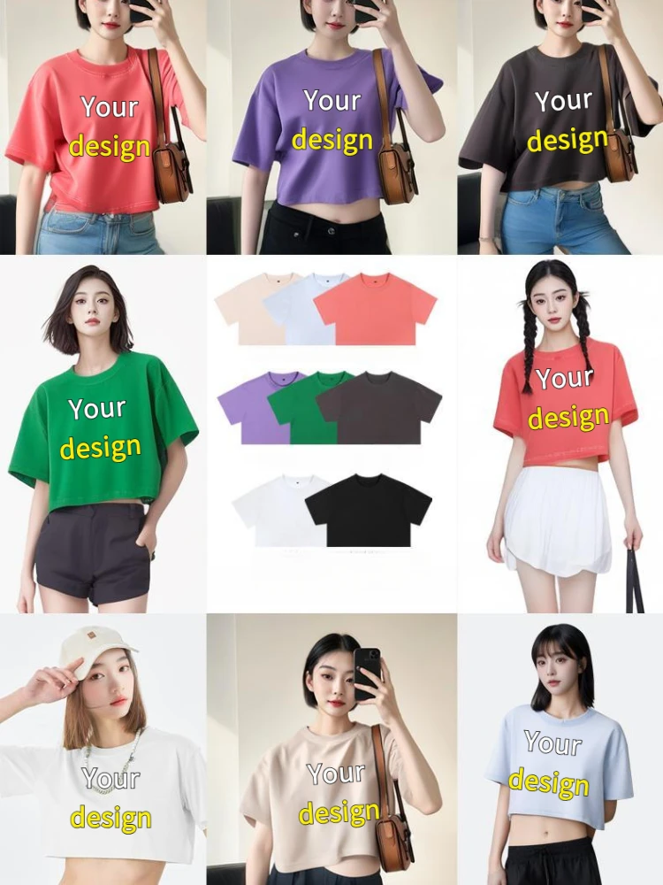 T-shirt col rond en coton imprimé personnalisé pour femmes, haut court ample à manches courtes et col rond, bricolage de votre Photo ou Logo, été