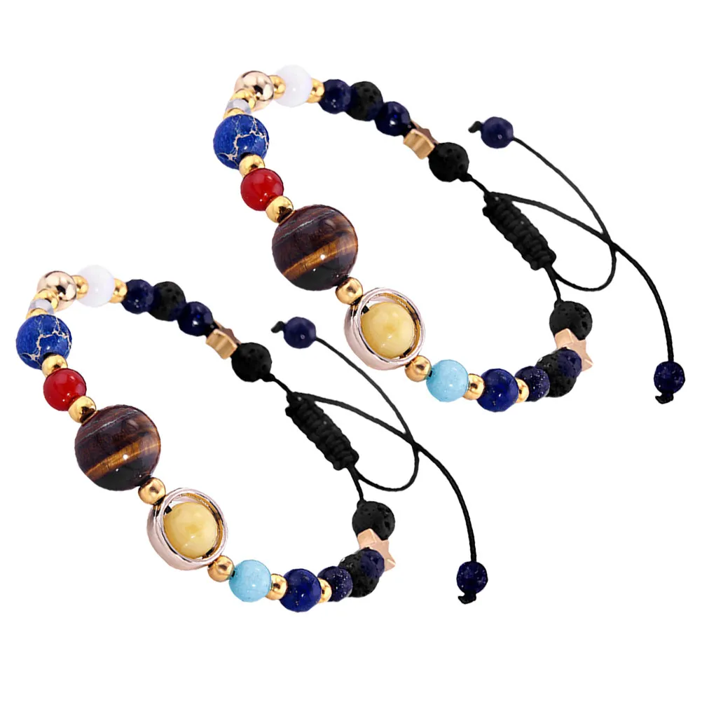 2Pcs Solar System Bracelet Natural Stone Beads Guardian Star for Daily Wear Travel Parties Unique Planet Jewelry