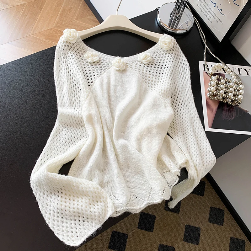 

Chao Level Recommendation! Ele Hollow out Knitted Sweater Women's Autumn Beautiful 3D Flower Soft Sweater High End Feeling