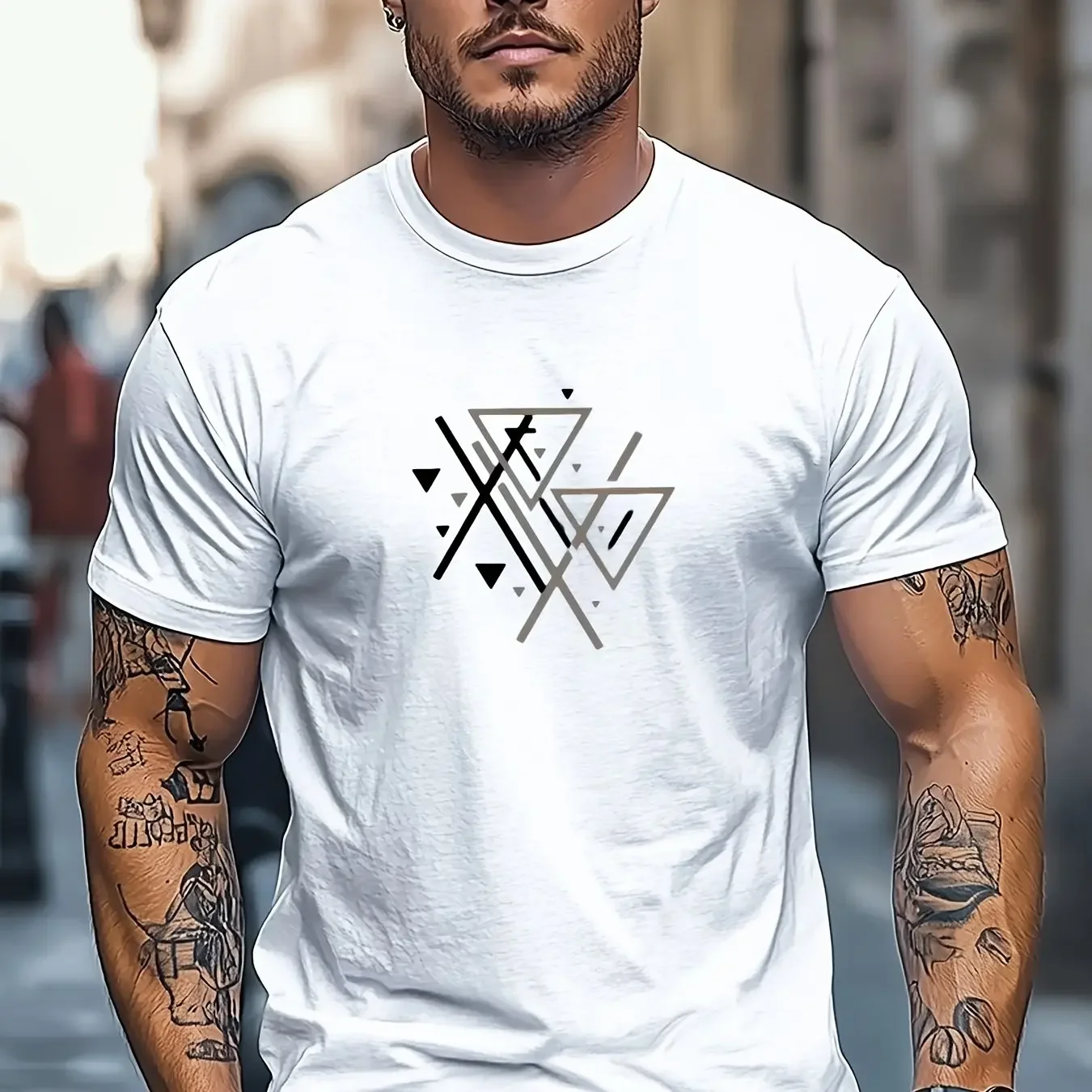 Geometric Overlapping Black and Grey Brown Triangle Pattern Men's Minimalist Casual Top
