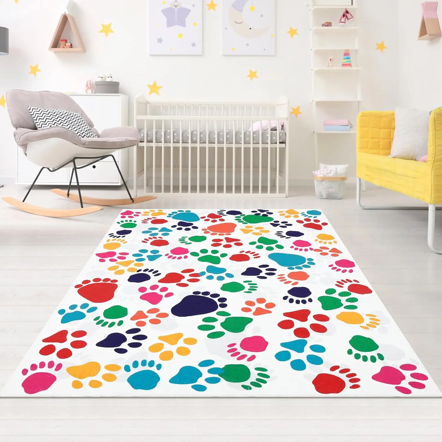 Printed Colorful Animal Footprints, 3x5 Cartoon Play Mat Low Profile Pile Rubber Backing Indoor Carpet for Playroom Living Room