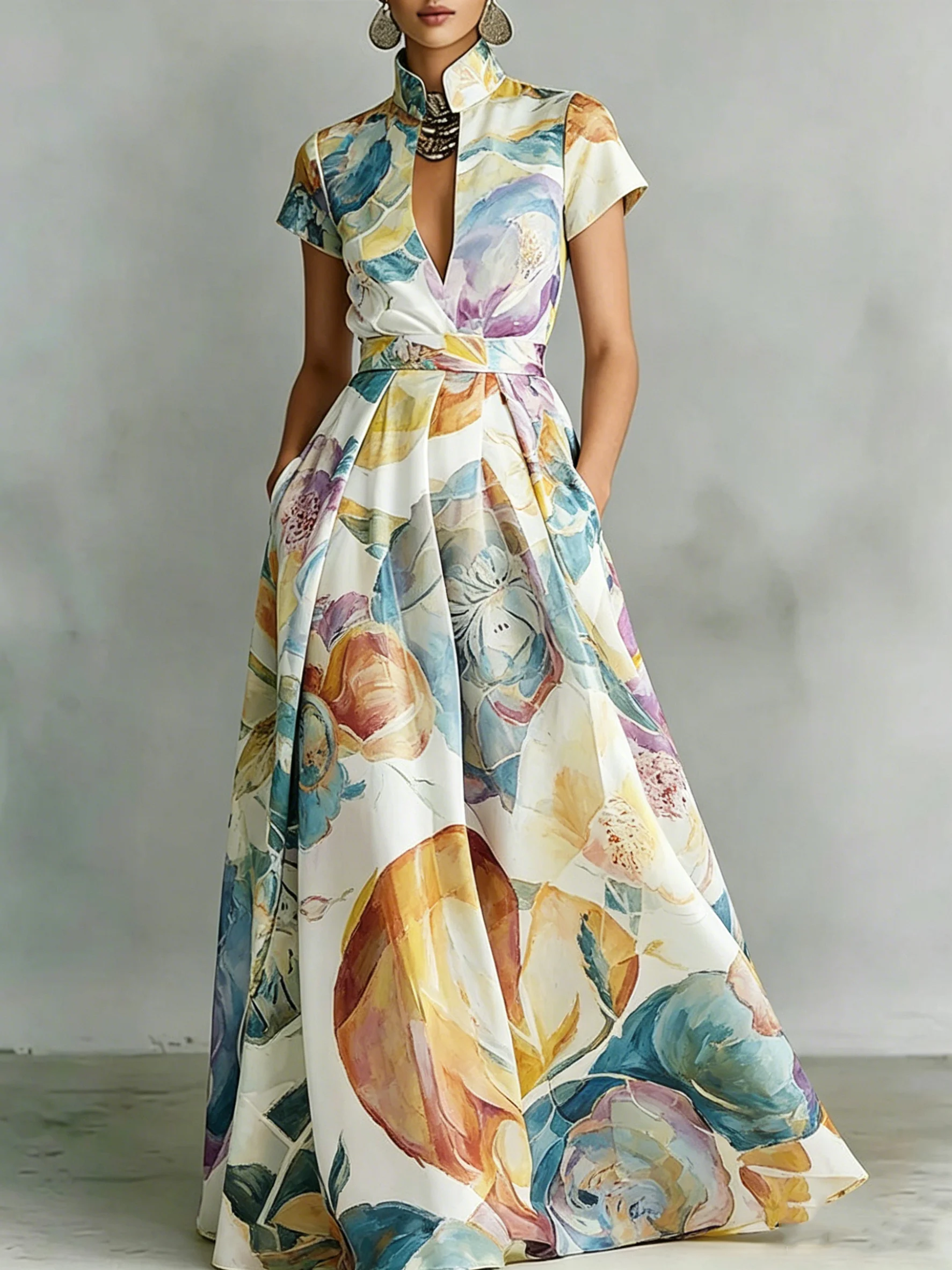 

Women's Watercolor Painting Big Floral Print Maxi Dress Stand Collar Short Sleeve Side Pocket Slim Summer Banquet Long Gown
