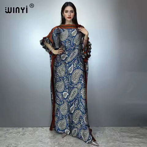 WINYI summer boho evening dress dubai luxury Female loose Print kaftan muslim woman clothing holiday beach dress fashion Caftan
