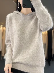 Pull à Capuche Décontracté pour Femme, 100% Cachemire Vison, Couleur Unie, Manches sulf, Style Coréen, Automne Hiver 2024