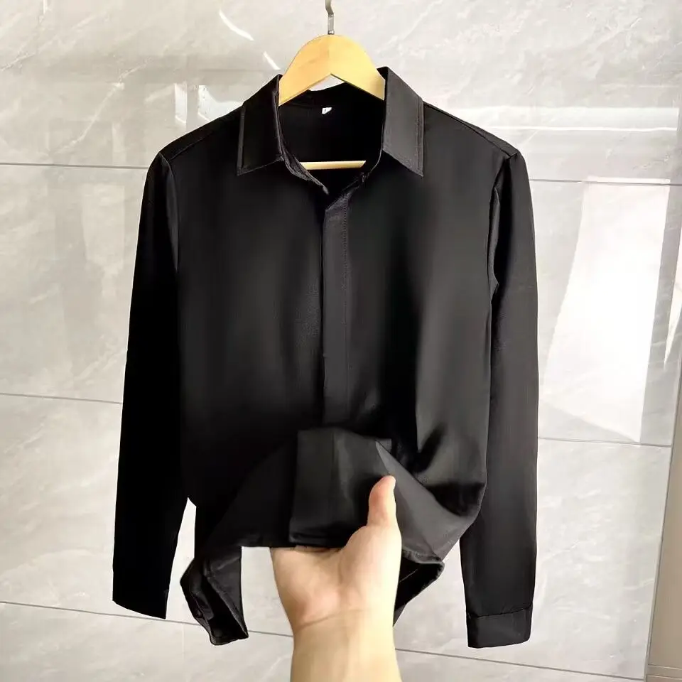Men's Long Sleeve Shirt Solid Color Loose Casual Drape Blouse Spring Autumn Korean Style Lightweight Elegant Top