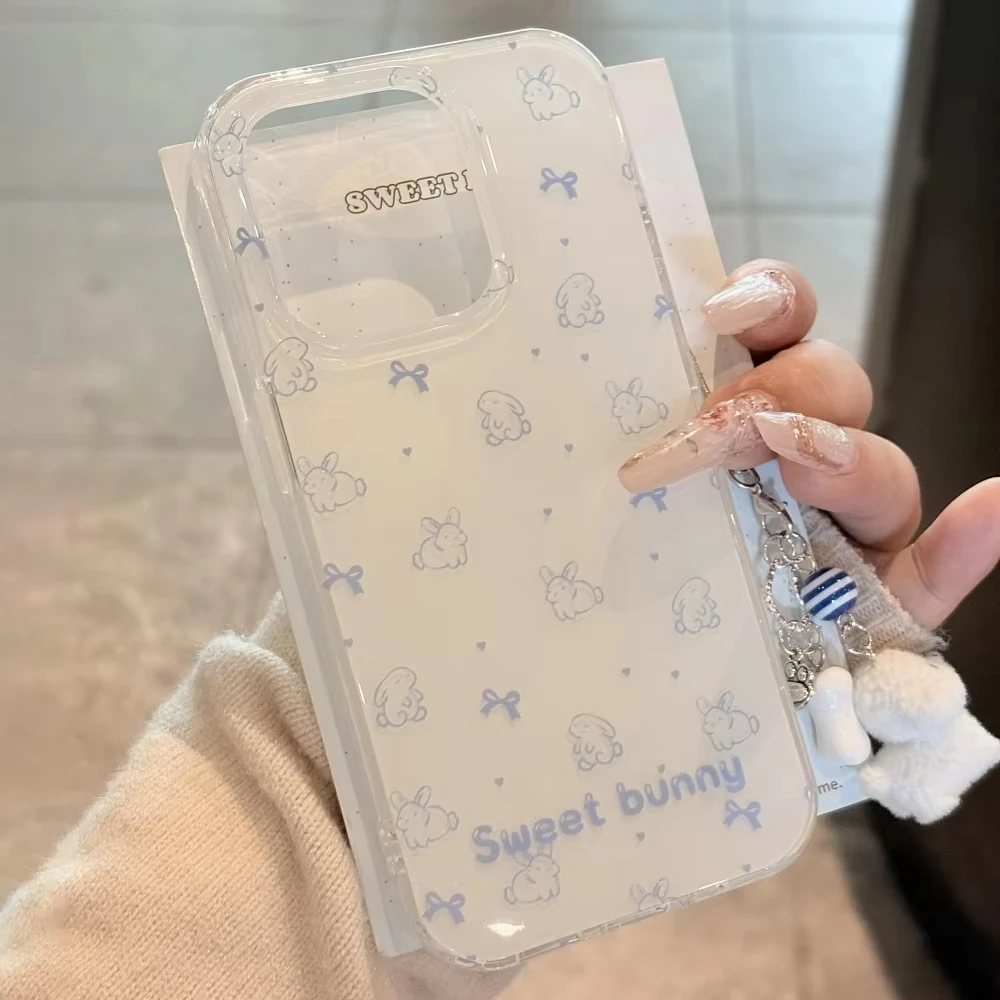 Чехол для телефона Kawaii Cartoon Lines Bunny Bowknot Love для iPhone 16 ProMax 15 14 Plus 13 12 11 Pro, противоударная силиконовая задняя крышка