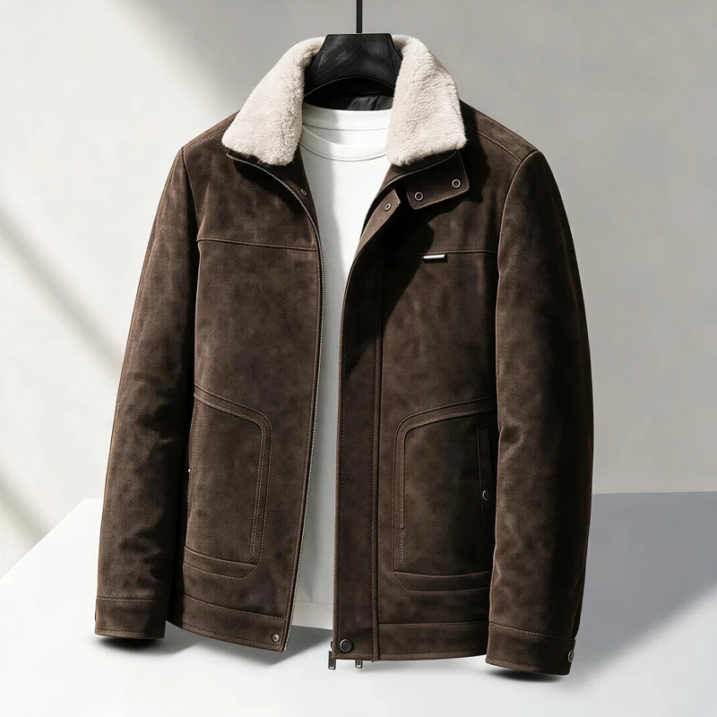 2026 new men's lapel jacket with detachable fur collar and plush jacket men winter casual thick warm top M-3XL