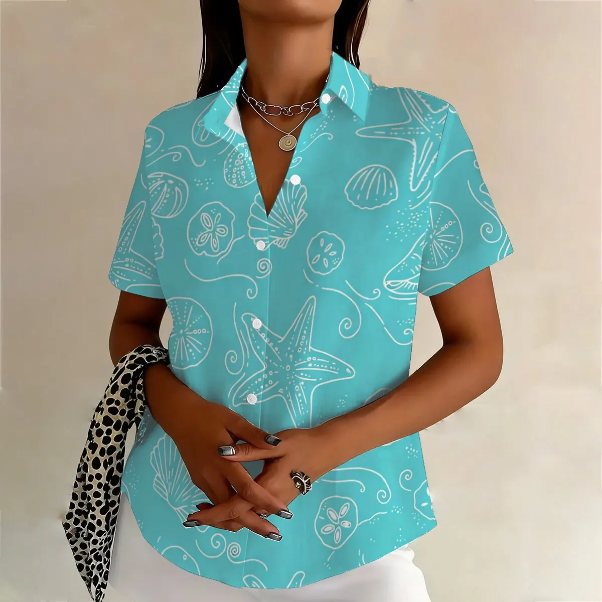 Bestselling plus-size women's fashion ocean animal and plant print short-sleeved shirt, loose and comfortable for vacation