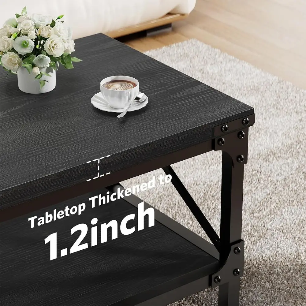 Industrial Modern 2-Tier Wood Coffee Table with Metal Frame, 40 Long, Thick Tabletop, Black