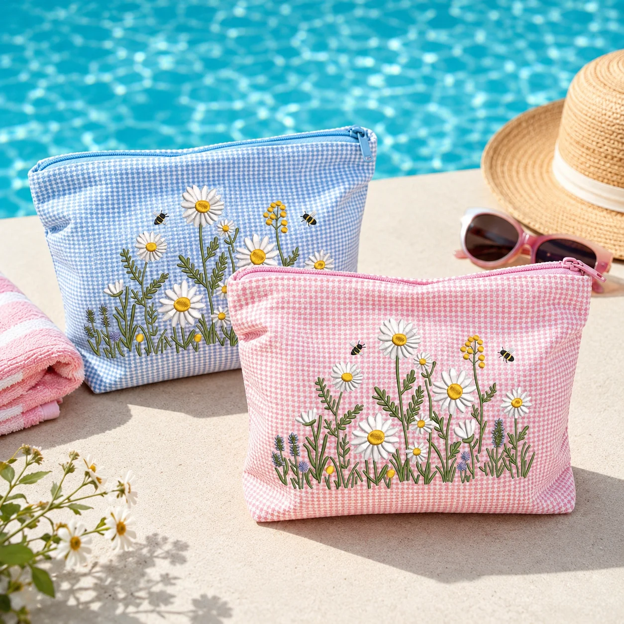 Daisy Embroidered Gingham Cosmetic Bag, Large Zipper Makeup Toiletry Pouch for Women, Beach Vacation Travel Organizer
