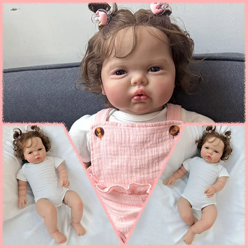 Pickle Awake Soft Cloth Body 24Inch Lifelike Cuddly Reborn Doll Hand Rooted Curly Brown Hair Multiple Layers Painting 3D Skin