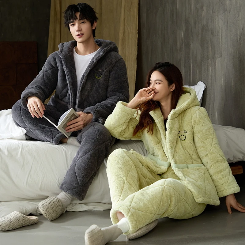High Quality Winter Couple Pajamas Set 3 Layer Clip Cotton Pyjamas Lovers Thick Warm Hooded Home Clothing