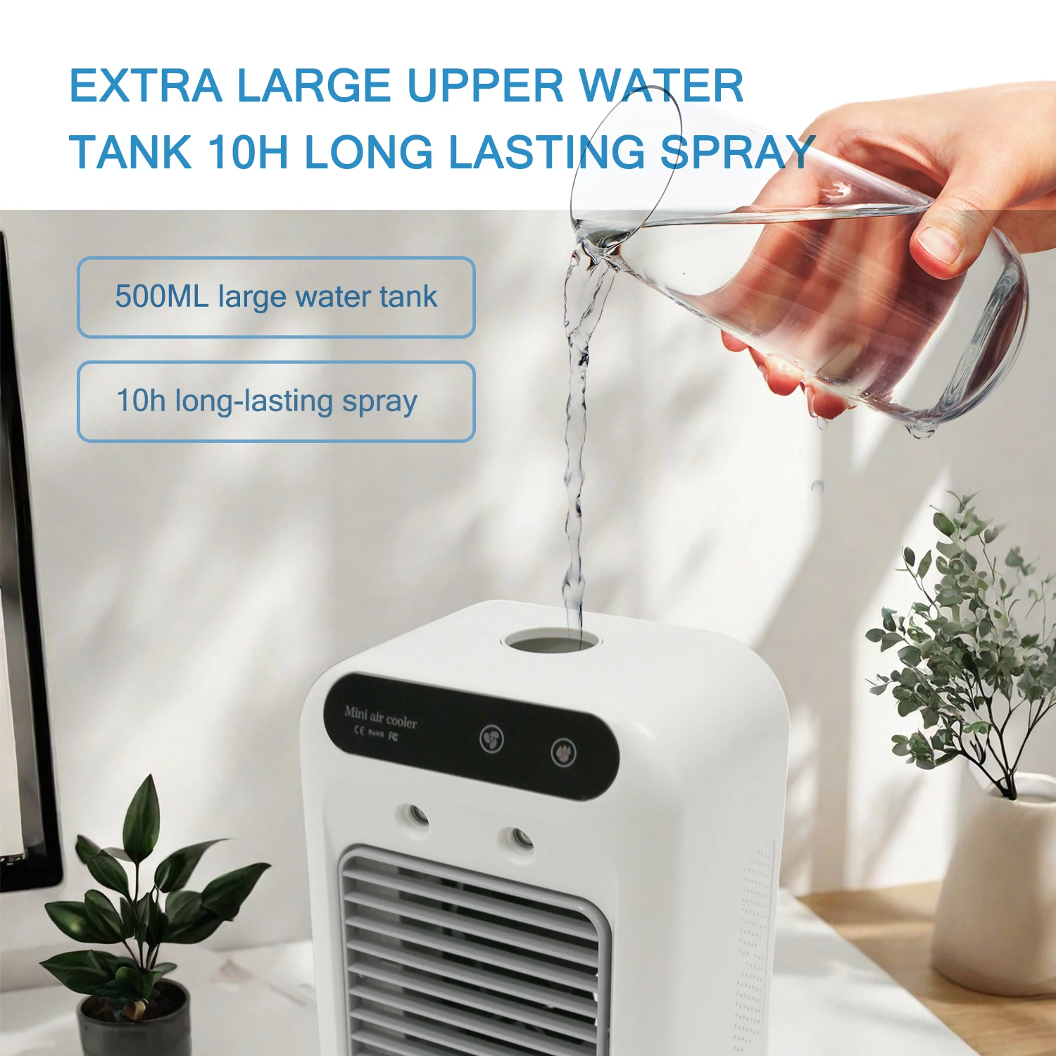 Portable USB Mini Air Conditioner Fan with 2 Speeds, Touch Control & Mist Spray for Office & Dorm, Fast 3-Second Cooling