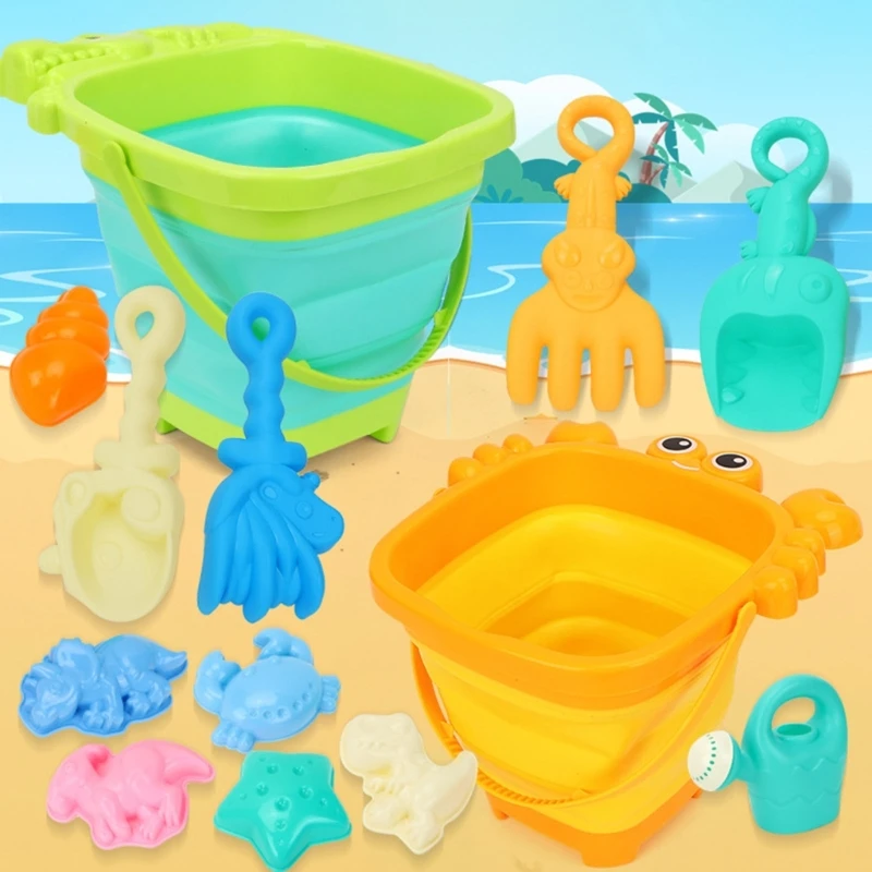 Q0KB Cartoon Sandwerkzeugspielzeug mit zusammenklappbarem Eimer Sandschaufel für Kleinkind Beach Exploration Schwimmbad Wasser