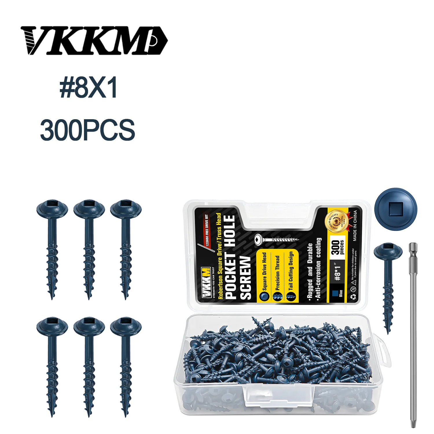 300Pcs #8×1 Inch Blue Pocket Hole Screws Robertson Square Drive Truss Head Wood Screws with 120mm Square Drive Bit