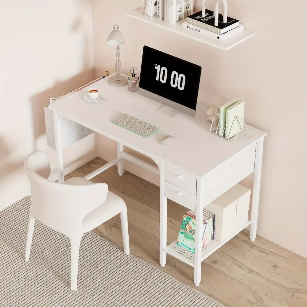 40 Inch Modern White Desk for Small Spaces - Elegant Small Desk with Drawers, Ideal for Home Office, Contemporary Study