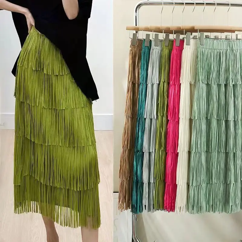 Women's Long Tassel Skirt, High Waisted, Slim, Korean Fashion, Monochromatic, Champagne, Black Midi Skirts for Women, Summer2024