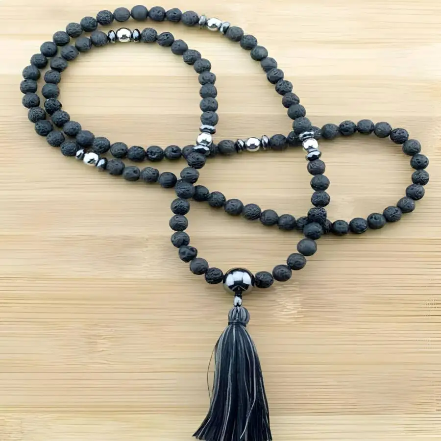 Handmade natural volcanic rock beads 108 necklace,men's cuff button necklace,Ramadan prayer bead,women's meditation,holiday gift
