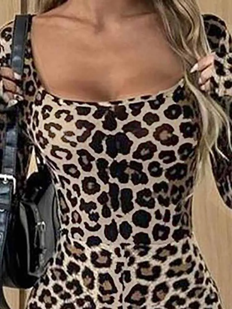 

Повседневные женские облегающие вечерние комбинезоны, новые модные комбинезоны с высокой талией и широкими штанинами, сексуальные комбинезоны с U-образным воротником и длинными рукавами с леопардовым принтом