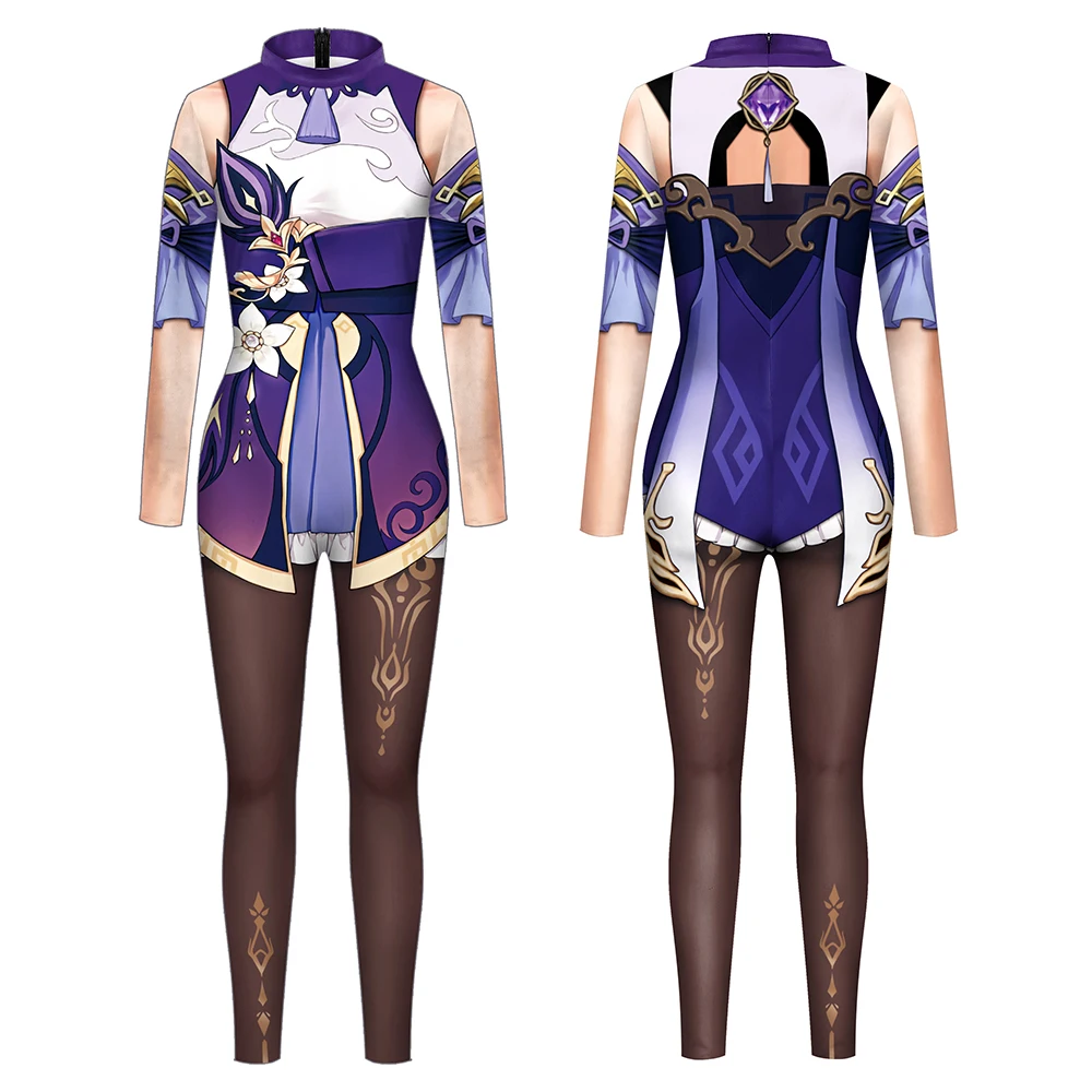 Anime Game Characters Jumpsuit Purple Halloween Cosplay Costume Adult 3D Printing Bodysuit Set Pattern Zentai Party Catsuit