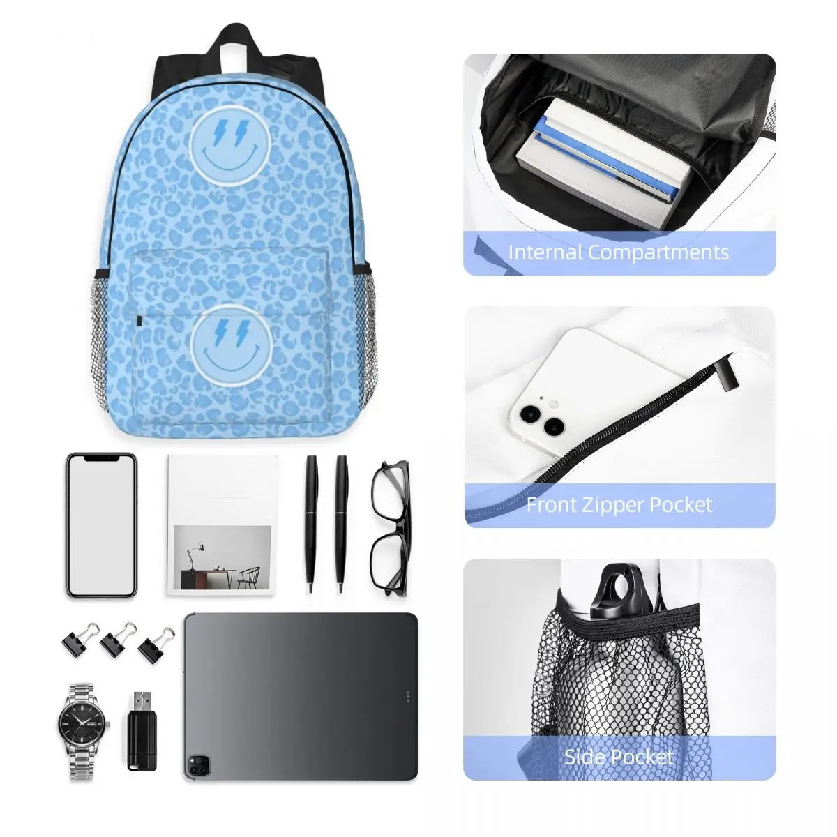 Preppy School Supplies, Preppy, Blue, Blue Preppy, Blue Aesthetic, Smile Face, Happy Face, Preppy Aesthetic Backpack 15inch