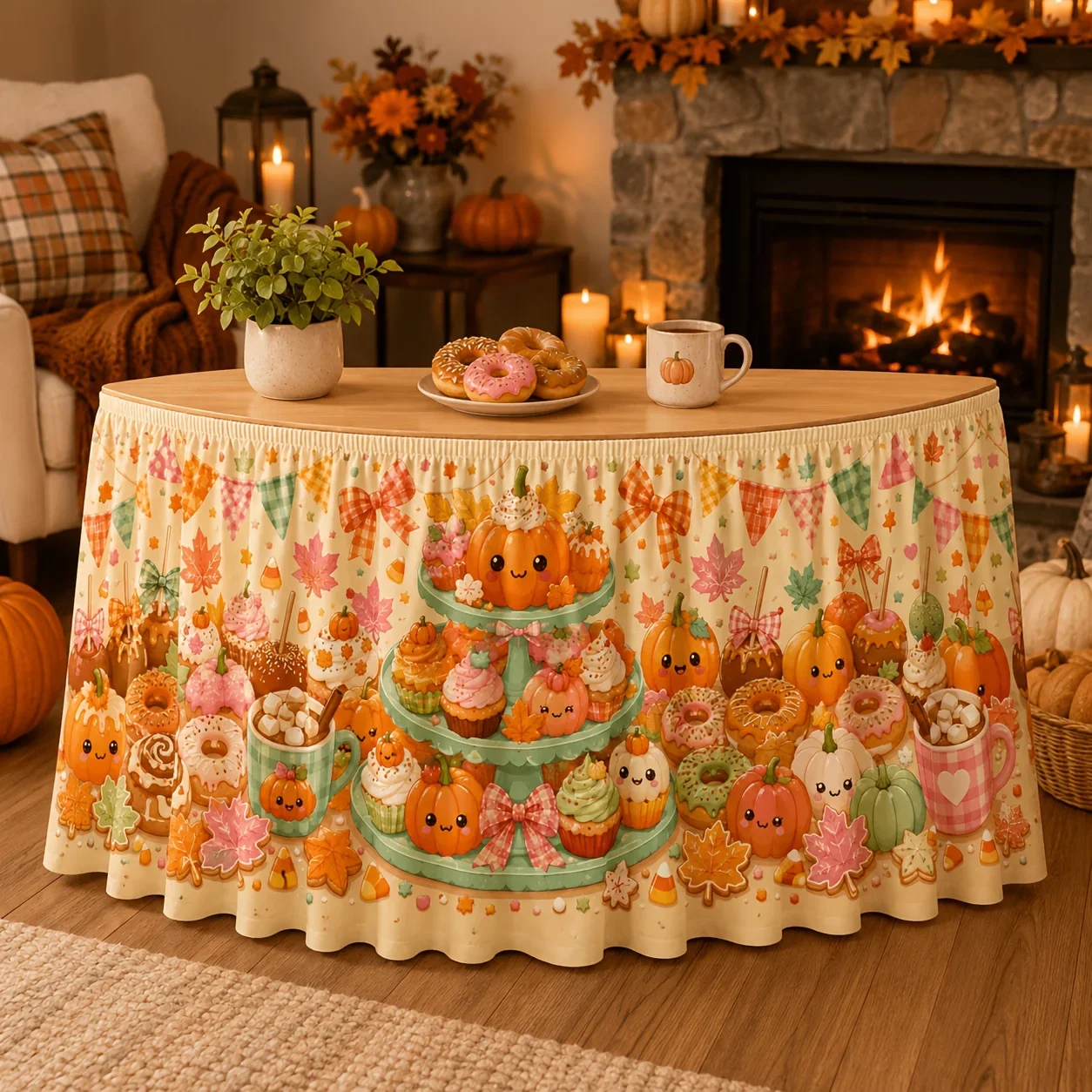 table flag tablecloth,featuring pumpkin cupcakes,doughnuts and maple leaf decorations,suitable for Thanksgiving dinner partyxzj