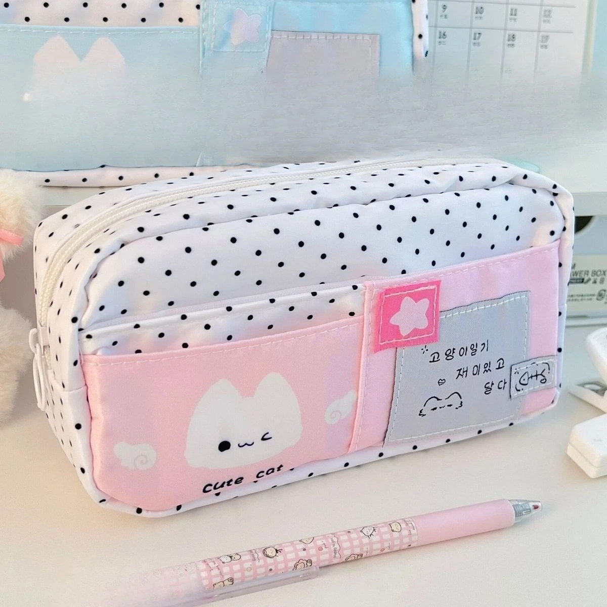 Mint Blue Pink Polka Dot Kitten Multi-layer Pain Bag Pencil Case Ins High-value Large-capacity Niche All-match Stationery Bag