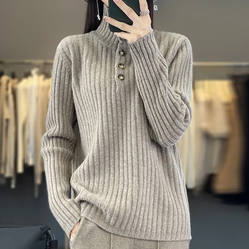 Fall/Winter New 100% Merino Wool Women's Long-sleeved Pullover Turtle Neck Korean Fashion Striped Knit Top  Women's Clothes