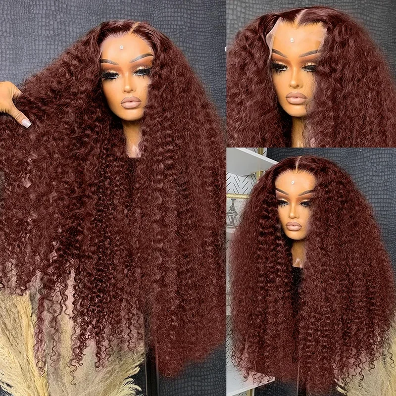 Reddish Brown Deep Wave 13x4 Lace Frontal Wig Brazilian Dark Colored Curly Water Wave 13x4 Lace Front Wig Human Hair For Women