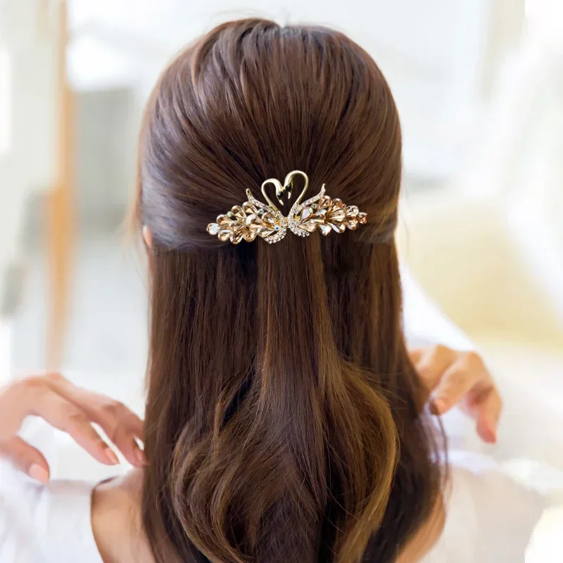 Novelty Swan Barrettes Beautiful Gold Color Swan Hair Clips Colorful Rhinestone Headwear Woman Hair Accessories