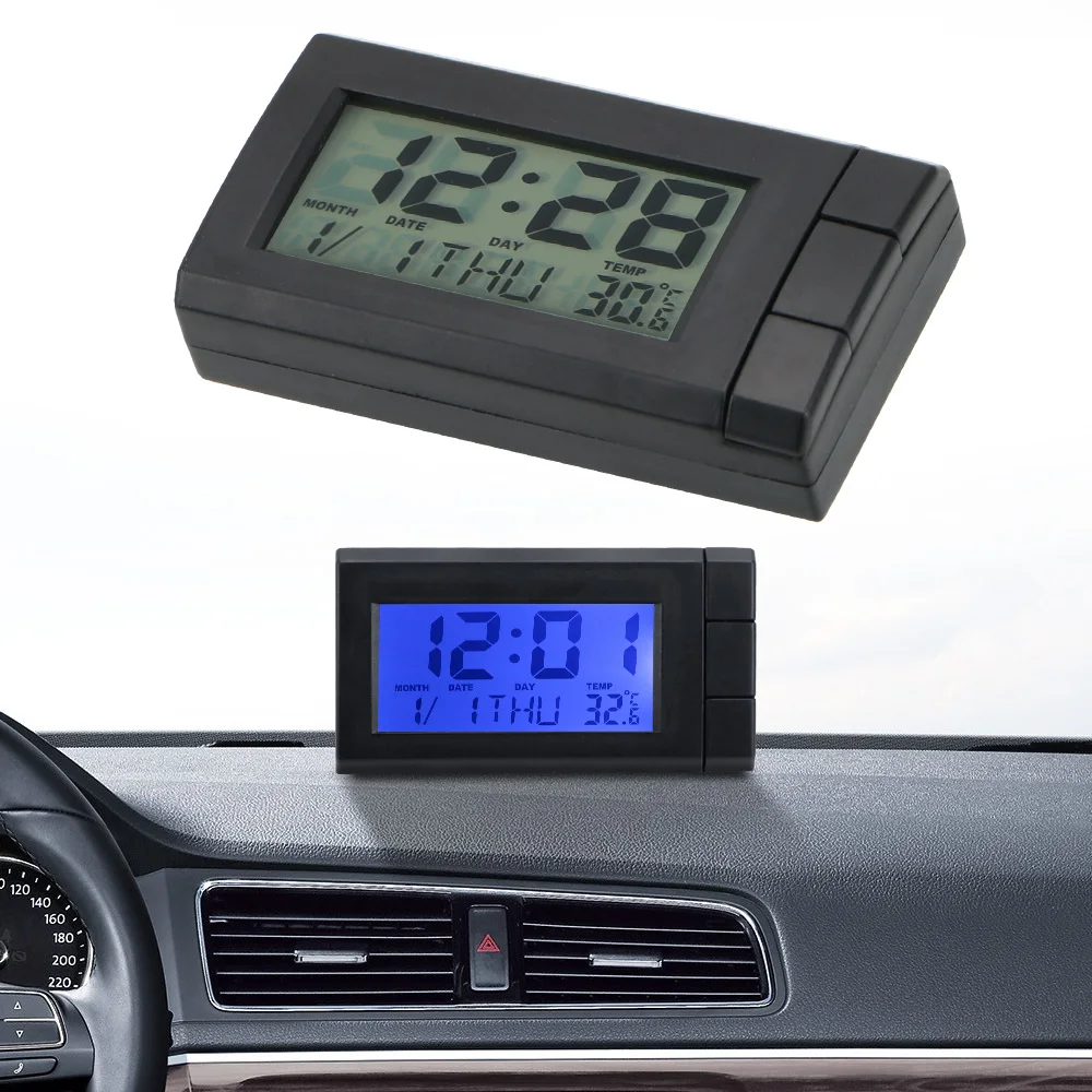 Car LCD Digital Display Clock Auto Watch Thermometer Car Ornaments Temperature Display Electronic Clock Self-Adhesive