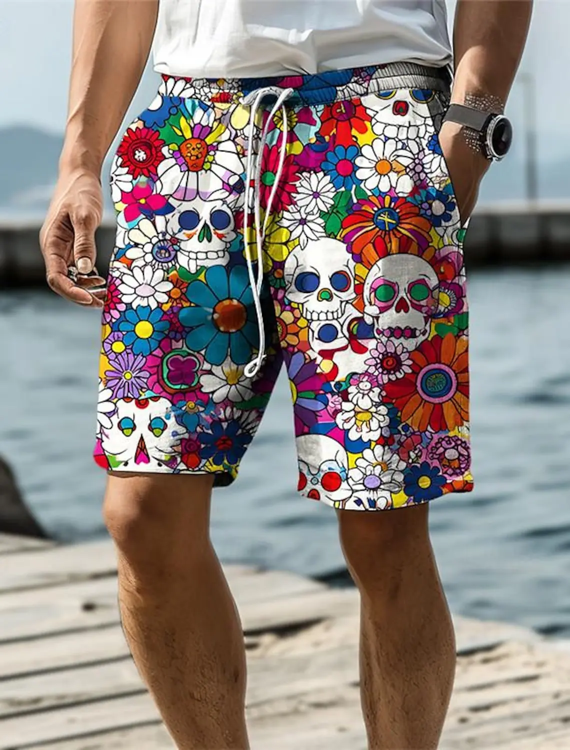 2024 Skull Flower Graphic Men's Resort 3D Printed Board Shorts Swim Trunks Elastic Waist Drawstring Hawaiian Style Holiday Beach