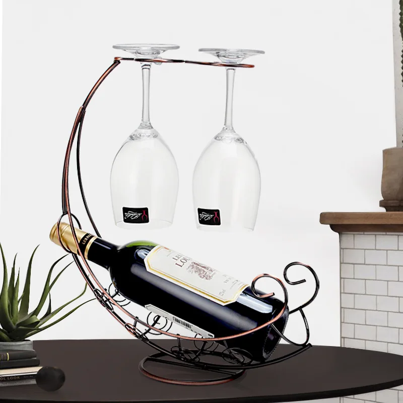 Tabletop Metal Wine Bottle Rack Elevated Vertical Countertop Wine Glass Display Organizer, Holds 1 Bottle 2 Glasses