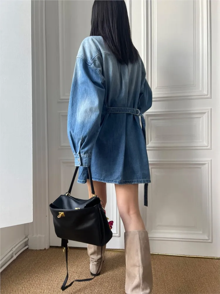 เดรสยีนส์สปริงสำหรับผู้หญิง แฟชั่นใหม่ แขนยาว เดรสเชิ้ตสไตล์เกาหลี ชุดลำลองยีนส์สำหรับผู้หญิง