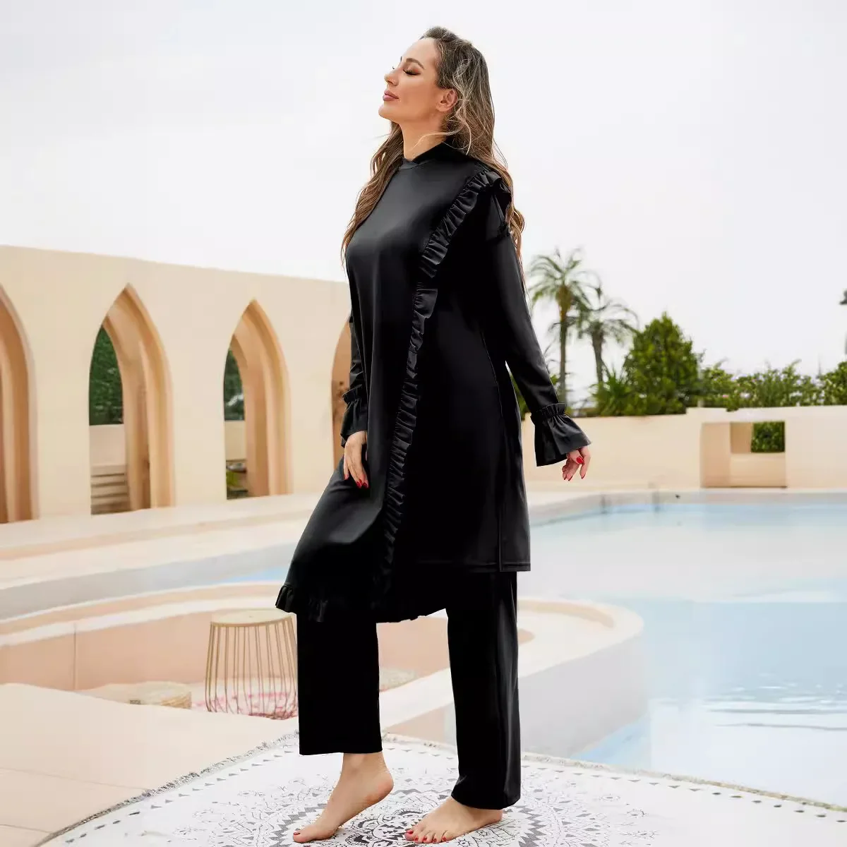 

3PCS/Set Muslim Burkini Muslim Swimwear Long Islamic Swimwear Modest Swimsuit Women Swimsuit Ruffle Full Cover Swmming Summer