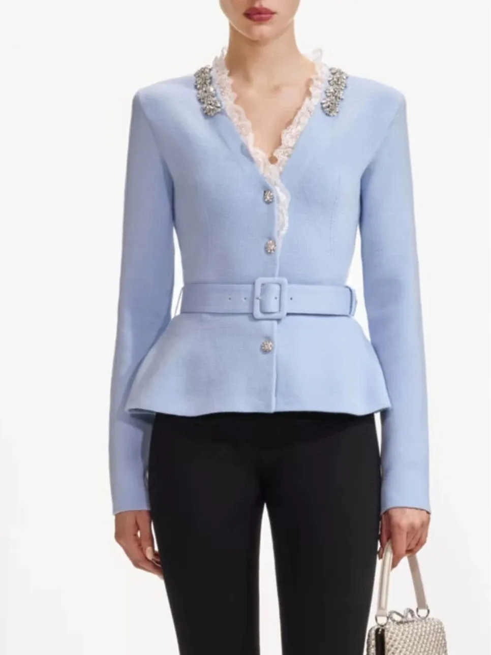 

Ele V-Ne Long Sve Lace Knitted Coat Women's Slim Fit Soft Fabric Heavy Embroidery Blue Mist Outerwear Top