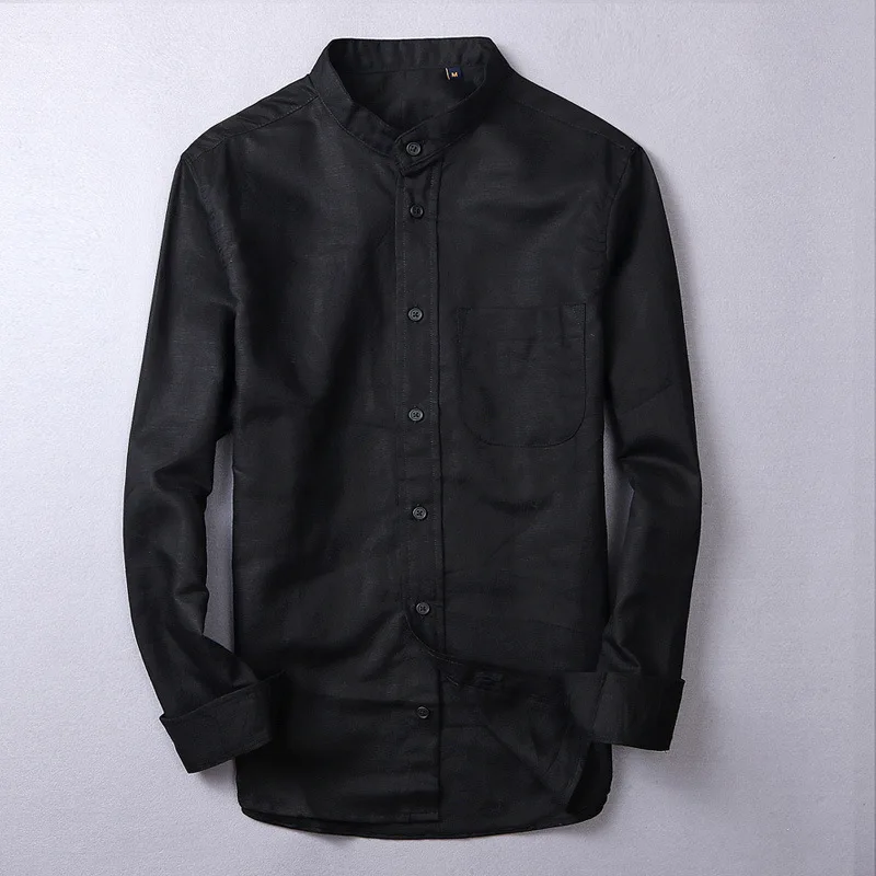 Harajuku Men's  Stand Collar Linen Shirt Long Sleeve Casual Button Down Cotton Linen Shirts Band Collar Beach Sold Color Shirt