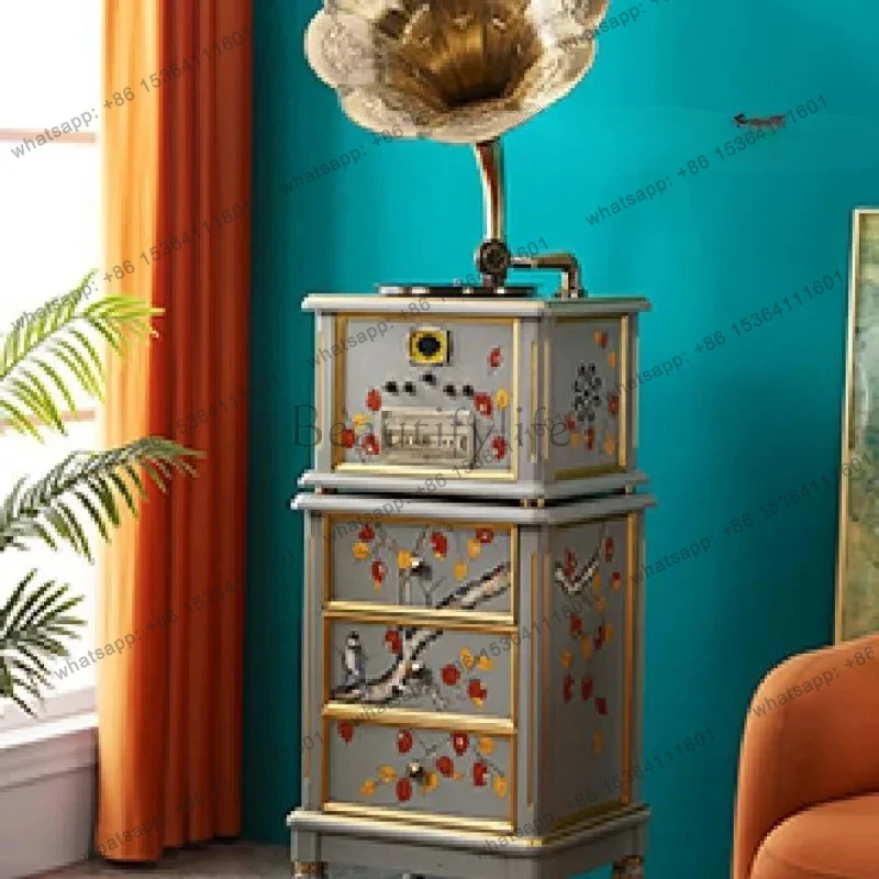 

American light luxury phonograph, Bluetooth/USB/record available, rubber wood, hand engraved