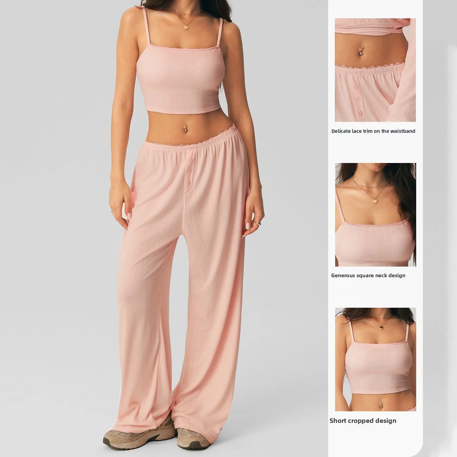 Women 3 Piece Yoga Set Lace Trim Cami Crop Top + Wrap Long Sleeve Shirts + Wide Leg Pants Gym Fitness Workout Clothes Loungewear