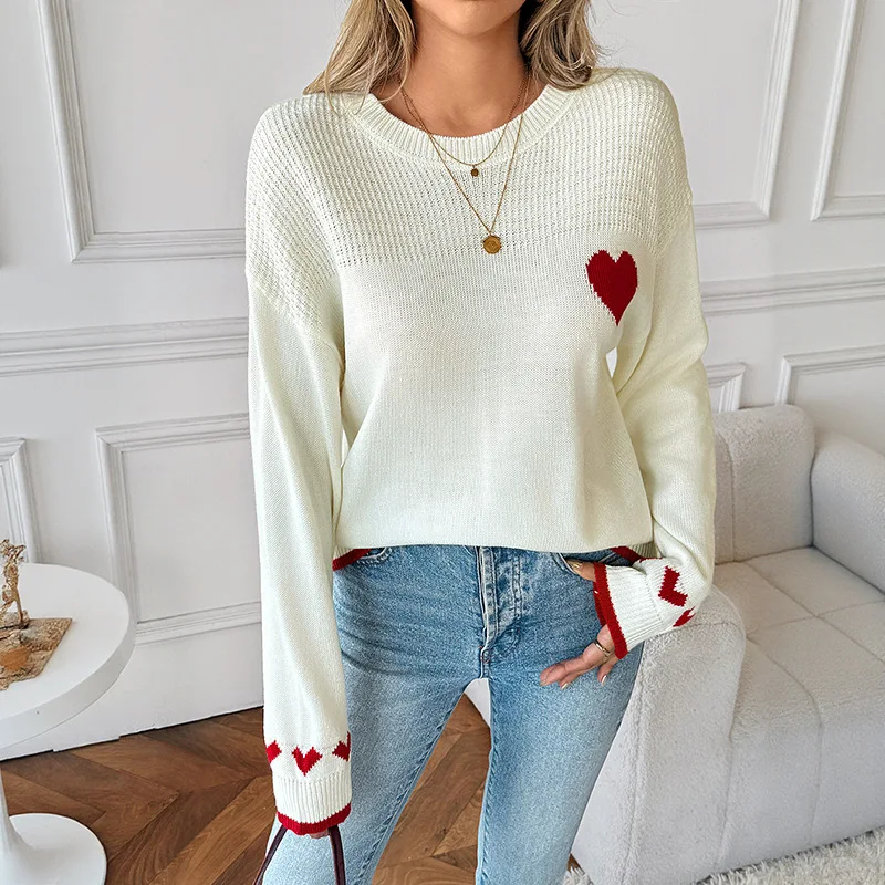Spring Outfit Heart Jacquard O-Neck Pullover Long sleeve Slim Women's top Valentine's Day Sweater for Women Night out Dress up