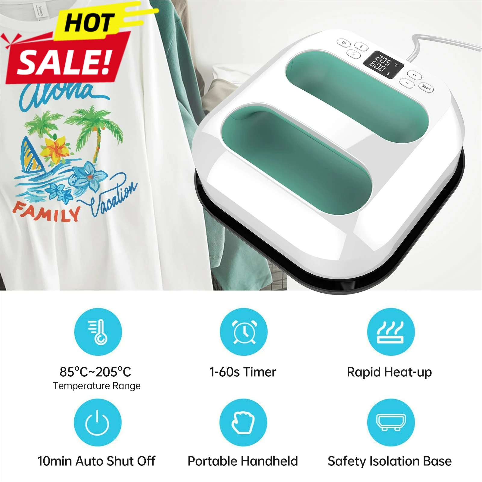 NEW Handheld Heat Press Machine 9''x9''  Iron Press Fast Heat Up Adjustable Temperature and Timer Auto Shutdown Safety Function