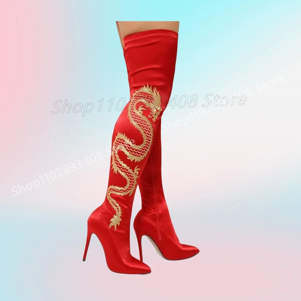 Botas por encima de la rodilla con diseño de dragón bordado dorado, zapatos de tacón alto de aguja con punta puntiaguda, zapatos sexis de moda Para Mujer, novedad de 2025