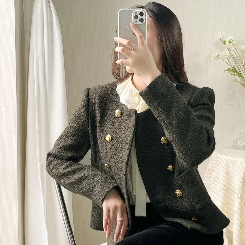 New high end army green tweed coat wool woolen cloth little suit female long sleeve cardigan sweet wind