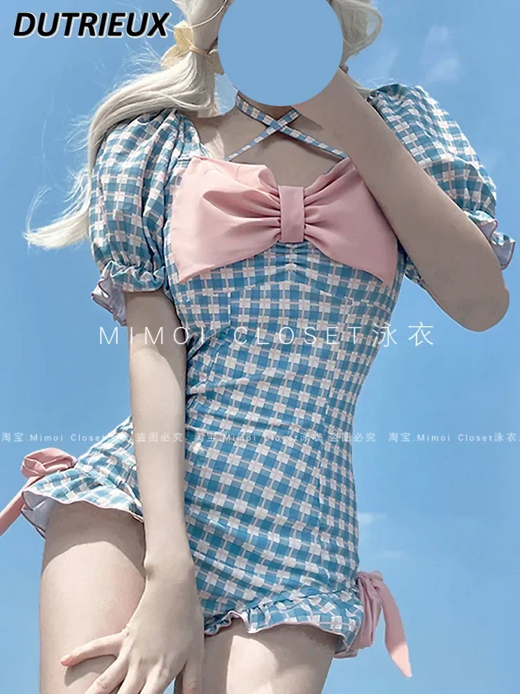 

Light Blue Plaid Halter Swimwear Summer New Japanese Sweet Cute Girl Bow One Piece Swimsuit Hot Spring Bathing Suit for Women