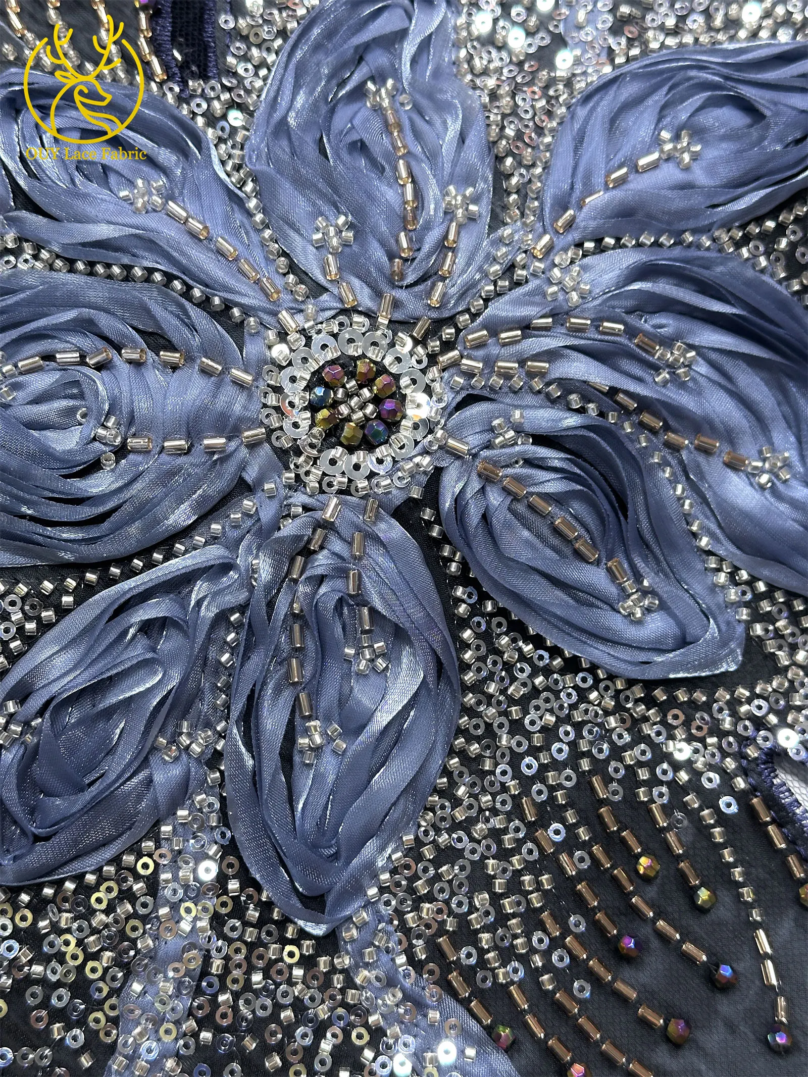 3D-Blumen-Tüll, afrikanischer Spitzenstoff, eleganter französischer nigerianischer Perlen-Pailletten-Mesh-Spitzenstoff für Damen, Hochzeitskleid-Design-Stoff – Detail 20